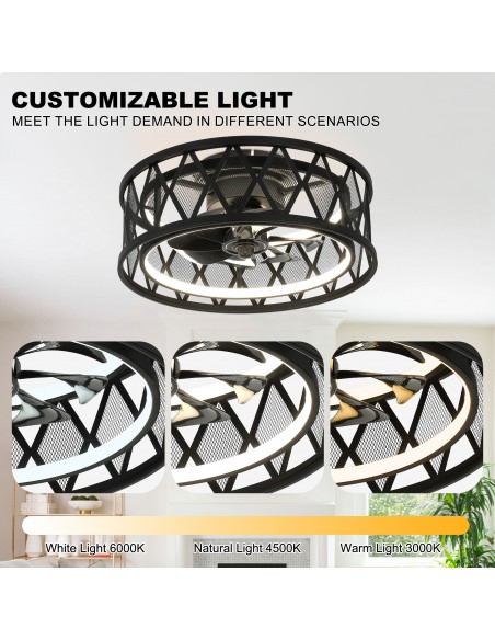Oaks Aura 19" Black Caged Flush Mount Ceiling Fan with Light and Remote & APP Control