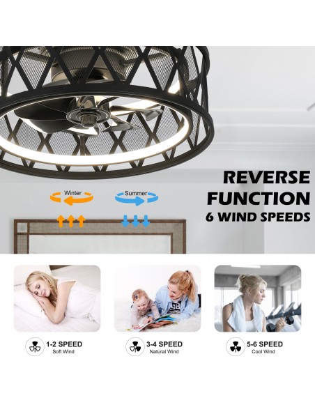 Oaks Aura 19" Black Caged Flush Mount Ceiling Fan with Light and Remote & APP Control