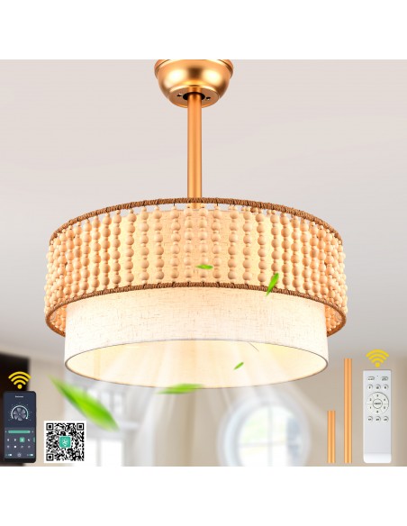 20” Gold Boho Wood Beaded Ceiling Fan with Light and Remote & APP Control, DC Motor 6-Speed Ceiling Fan for Bedroom, Living Room