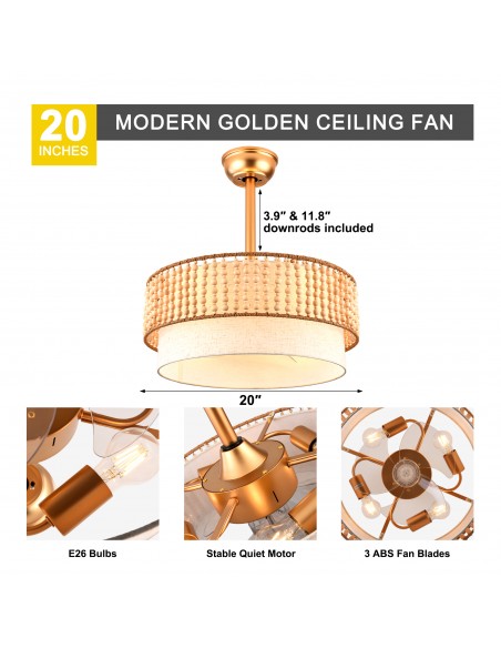 20” Gold Boho Wood Beaded Ceiling Fan with Light and Remote & APP Control, DC Motor 6-Speed Ceiling Fan for Bedroom, Living Room