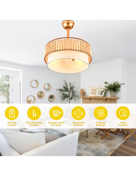 20” Gold Boho Wood Beaded Ceiling Fan with Light and Remote & APP Control, DC Motor 6-Speed Ceiling Fan for Bedroom, Living Room