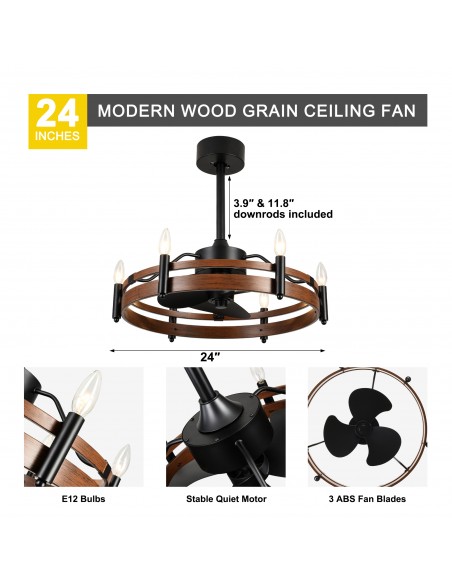24” Rustic Wagon Wheel Ceiling Fan with Light and Remote & APP Control