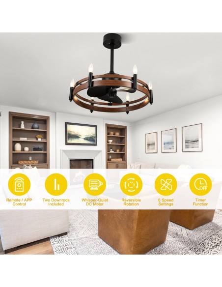 24” Rustic Wagon Wheel Ceiling Fan with Light and Remote & APP Control