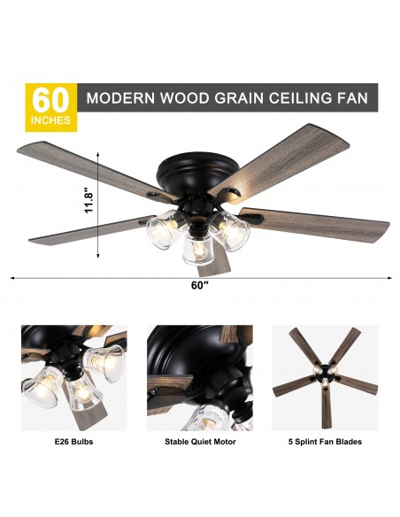 60" Vintage 5-Blade Flush Mount Ceiling Fan with Lights and Remote Control, Rustic Farmhouse Ceiling Fan for Living Room