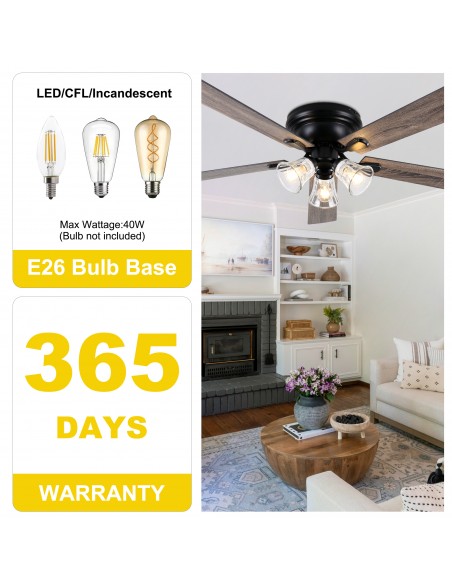 60" Vintage 5-Blade Flush Mount Ceiling Fan with Lights and Remote Control, Rustic Farmhouse Ceiling Fan for Living Room