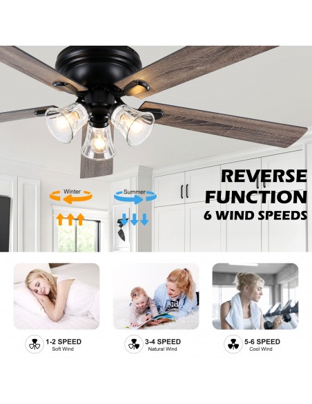 60" Vintage 5-Blade Flush Mount Ceiling Fan with Lights and Remote Control, Rustic Farmhouse Ceiling Fan for Living Room