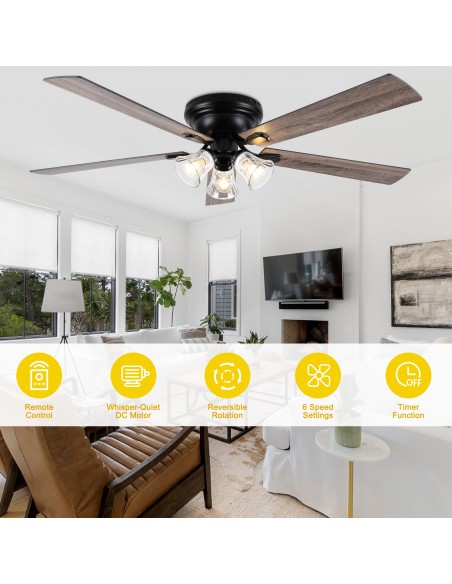 60" Vintage 5-Blade Flush Mount Ceiling Fan with Lights and Remote Control, Rustic Farmhouse Ceiling Fan for Living Room