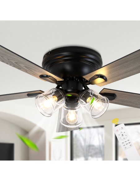 52" Vintage 5-Blade Flush Mount Ceiling Fan with Lights and Remote Control, Rustic Farmhouse Ceiling Fan for Living Room