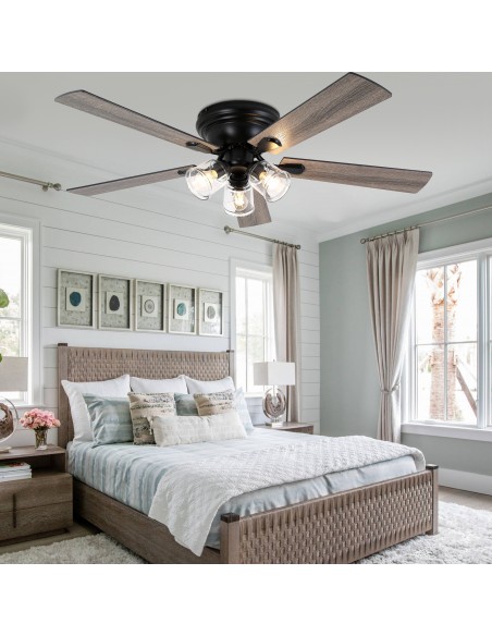 52" Vintage 5-Blade Flush Mount Ceiling Fan with Lights and Remote Control, Rustic Farmhouse Ceiling Fan for Living Room