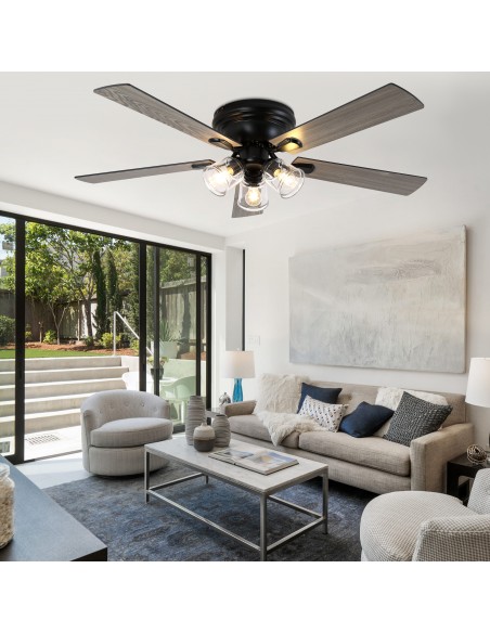 52" Vintage 5-Blade Flush Mount Ceiling Fan with Lights and Remote Control, Rustic Farmhouse Ceiling Fan for Living Room