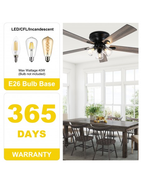 52" Vintage 5-Blade Flush Mount Ceiling Fan with Lights and Remote Control, Rustic Farmhouse Ceiling Fan for Living Room