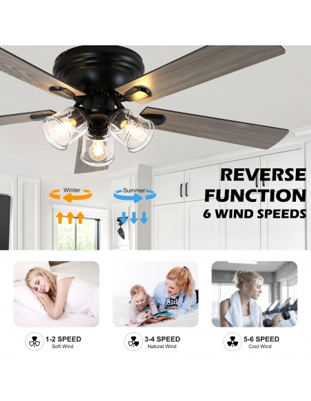52" Vintage 5-Blade Flush Mount Ceiling Fan with Lights and Remote Control, Rustic Farmhouse Ceiling Fan for Living Room