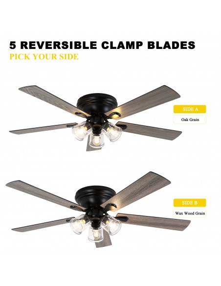 52" Vintage 5-Blade Flush Mount Ceiling Fan with Lights and Remote Control, Rustic Farmhouse Ceiling Fan for Living Room