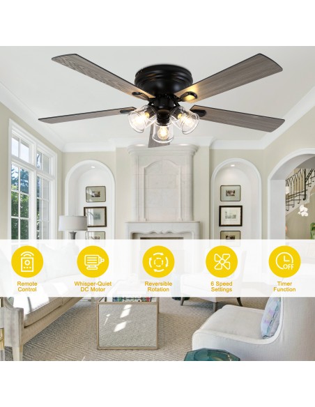 52" Vintage 5-Blade Flush Mount Ceiling Fan with Lights and Remote Control, Rustic Farmhouse Ceiling Fan for Living Room