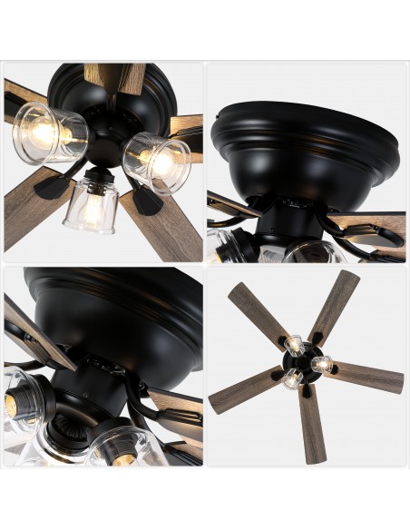 52" Vintage 5-Blade Flush Mount Ceiling Fan with Lights and Remote Control, Rustic Farmhouse Ceiling Fan for Living Room