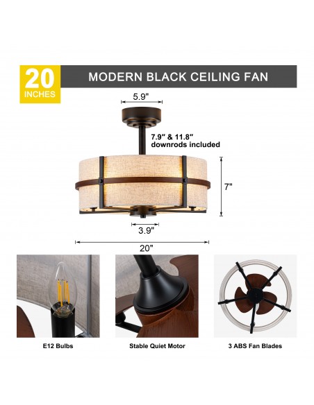 Oaks Aura 21" Boho Black Fandelier Ceiling Fan with Lights and Remote/APP Control, Fabric Ceiling Fan for Living Room, Bedroom