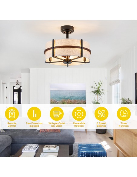 Oaks Aura 21" Boho Black Fandelier Ceiling Fan with Lights and Remote/APP Control, Fabric Ceiling Fan for Living Room, Bedroom