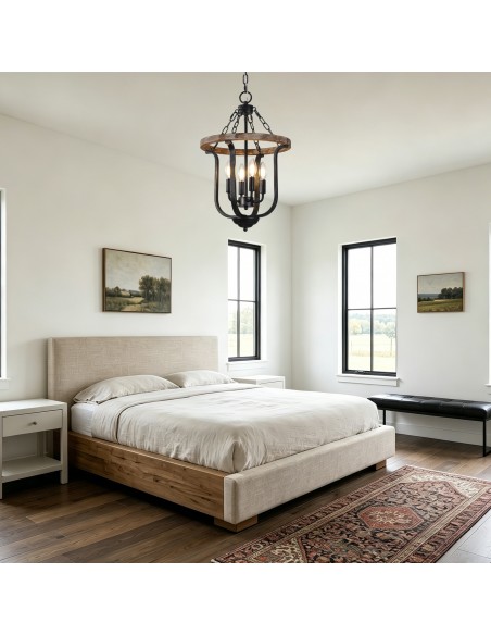 Oaks Aura 14" 4-Light Farmhouse Solid Wood Chandelier, Rustic Lantern Pendant Light with 59" Adjustable Chain