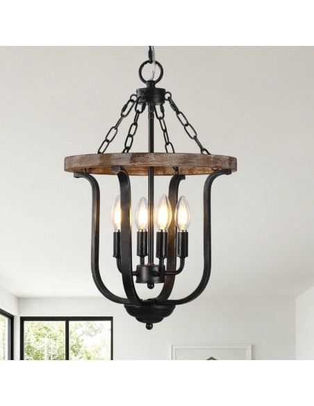 Oaks Aura 14" 4-Light Farmhouse Solid Wood Chandelier, Rustic Lantern Pendant Light with 59" Adjustable Chain