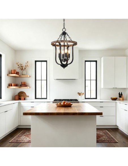Oaks Aura 14" 4-Light Farmhouse Solid Wood Chandelier, Rustic Lantern Pendant Light with 59" Adjustable Chain