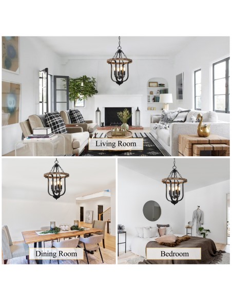 Oaks Aura 14" 4-Light Farmhouse Solid Wood Chandelier, Rustic Lantern Pendant Light with 59" Adjustable Chain