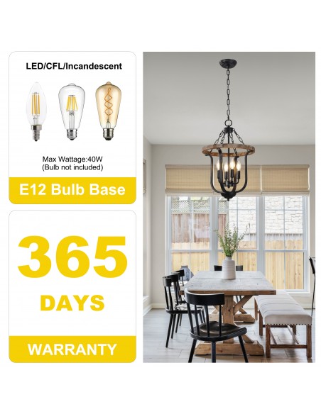 Oaks Aura 14" 4-Light Farmhouse Solid Wood Chandelier, Rustic Lantern Pendant Light with 59" Adjustable Chain