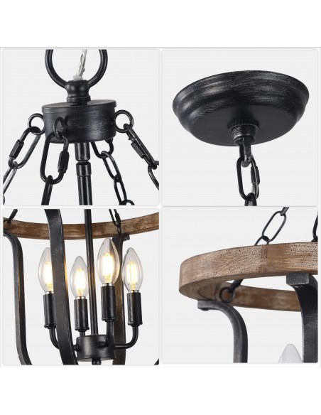Oaks Aura 14" 4-Light Farmhouse Solid Wood Chandelier, Rustic Lantern Pendant Light with 59" Adjustable Chain