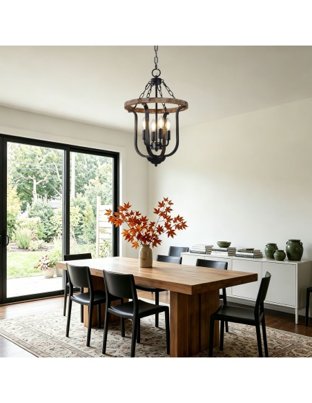 Oaks Aura 14" 4-Light Farmhouse Solid Wood Chandelier, Rustic Lantern Pendant Light with 59" Adjustable Chain