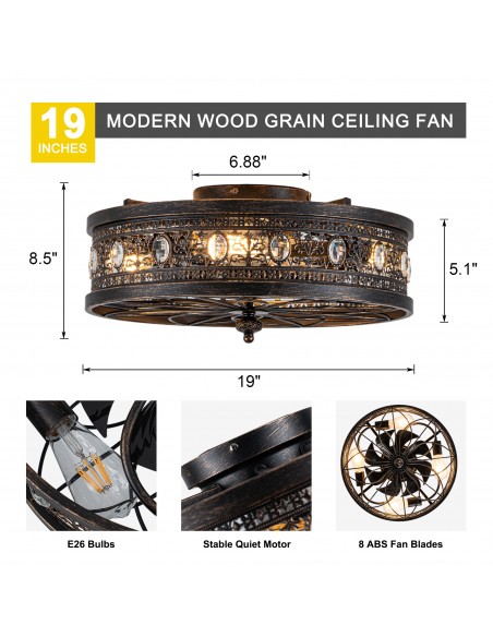 Oaks Aura 20" Vintage Victorian Crystal Caged Flush Mount Ceiling Fan with Light and Remote/APP Control