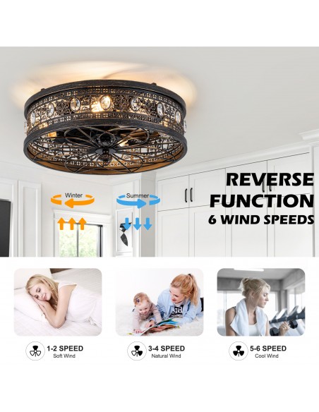 Oaks Aura 20" Vintage Victorian Crystal Caged Flush Mount Ceiling Fan with Light and Remote/APP Control