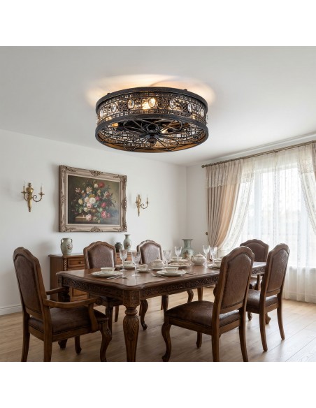 Oaks Aura 20" Vintage Victorian Crystal Caged Flush Mount Ceiling Fan with Light and Remote/APP Control