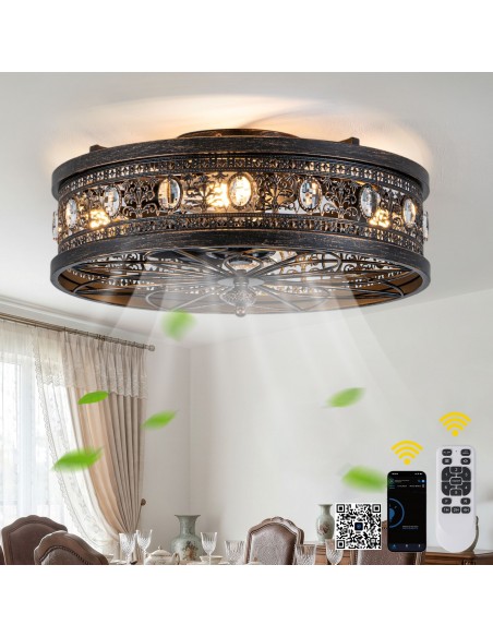Oaks Aura 20" Vintage Victorian Crystal Caged Flush Mount Ceiling Fan with Light and Remote/APP Control