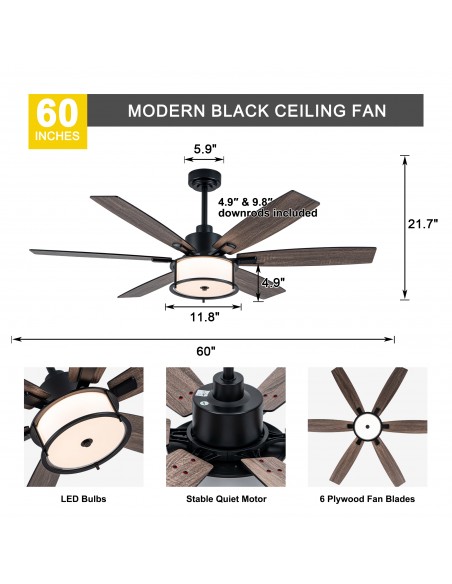 Oaks Aura 60" Matte Black 6-Blade Ceiling Fan with Light and Remote/APP Control