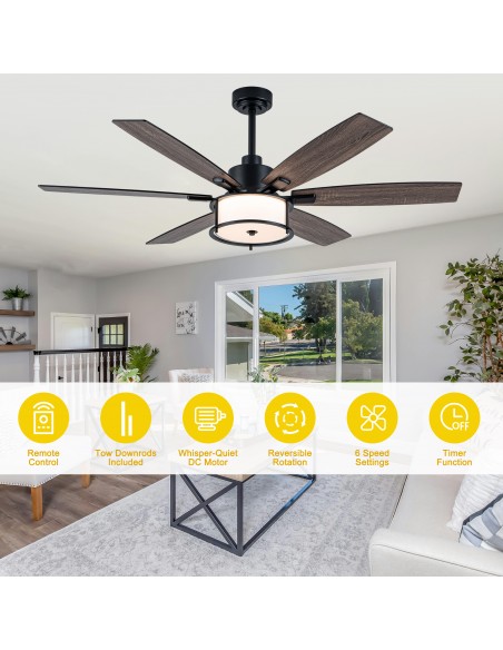Oaks Aura 60" Matte Black 6-Blade Ceiling Fan with Light and Remote/APP Control