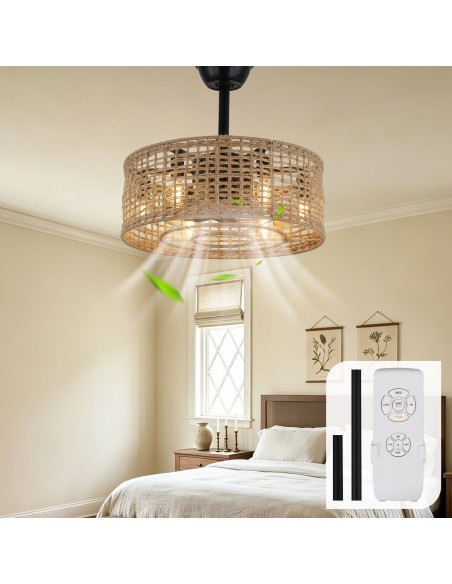 Oaks Aura 20" Rattan Boho Caged Ceiling Fan Reversible Motor Fandelier with Lights and Remote Control.