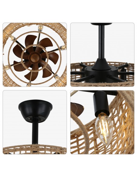 Oaks Aura 20" Rattan Boho Caged Ceiling Fan Reversible Motor Fandelier with Lights and Remote Control.