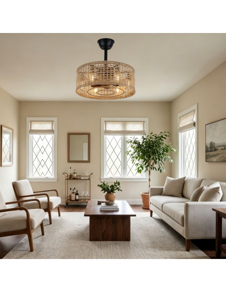 Oaks Aura 20" Rattan Boho Caged Ceiling Fan Reversible Motor Fandelier with Lights and Remote Control.