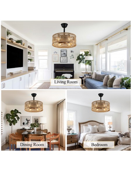 Oaks Aura 20" Rattan Boho Caged Ceiling Fan Reversible Motor Fandelier with Lights and Remote Control.