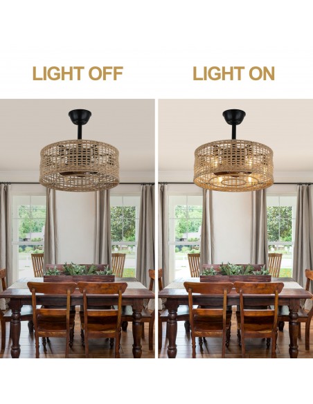 Oaks Aura 20" Rattan Boho Caged Ceiling Fan Reversible Motor Fandelier with Lights and Remote Control.