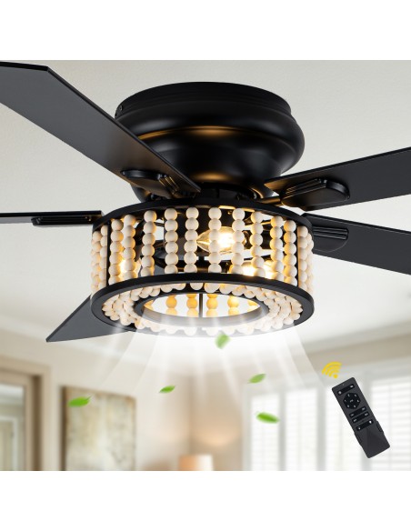 Oaks Aura 52" Wood Beaded Flush Mount Ceiling Fan with lights and Remote Control for Living Room, Bedroom