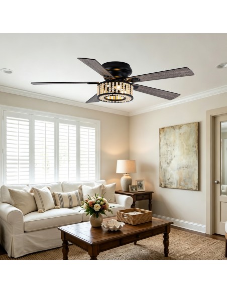 Oaks Aura 52" Wood Beaded Flush Mount Ceiling Fan with lights and Remote Control for Living Room, Bedroom