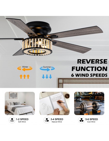 Oaks Aura 52" Wood Beaded Flush Mount Ceiling Fan with lights and Remote Control for Living Room, Bedroom