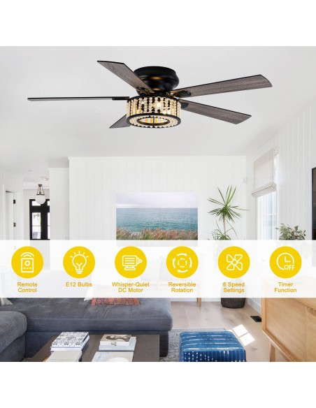 Oaks Aura 52" Wood Beaded Flush Mount Ceiling Fan with lights and Remote Control for Living Room, Bedroom