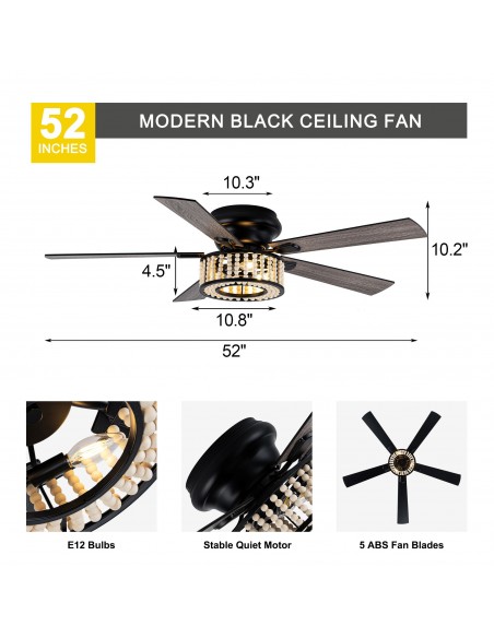 Oaks Aura 52" Wood Beaded Flush Mount Ceiling Fan with lights and Remote Control for Living Room, Bedroom