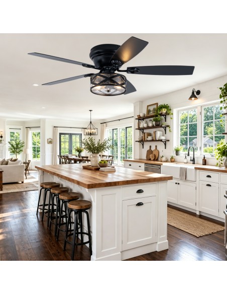 Oaks Aura 52" Black Farmhouse Flush Mount Ceiling Fan with Light and Remote/APP Control for Bedroom, Living Room