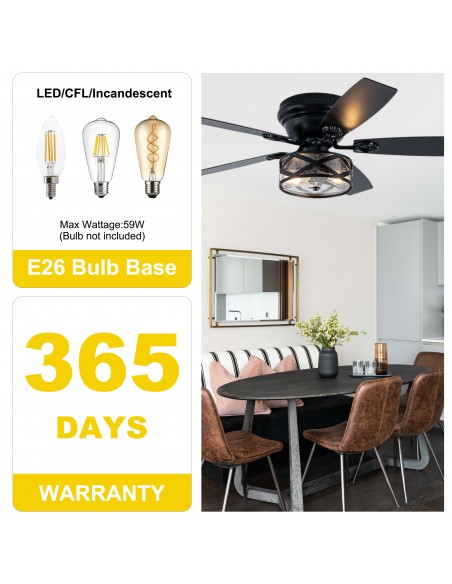Oaks Aura 52" Black Farmhouse Flush Mount Ceiling Fan with Light and Remote/APP Control for Bedroom, Living Room