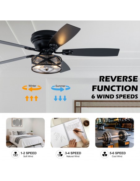 Oaks Aura 52" Black Farmhouse Flush Mount Ceiling Fan with Light and Remote/APP Control for Bedroom, Living Room