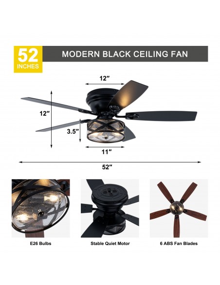 Oaks Aura 52" Black Farmhouse Flush Mount Ceiling Fan with Light and Remote/APP Control for Bedroom, Living Room