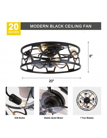 Oaks Aura 20" Caged Flush Mount Ceiling Fan with Lights and Remote Control for Bedroom, Dining Room