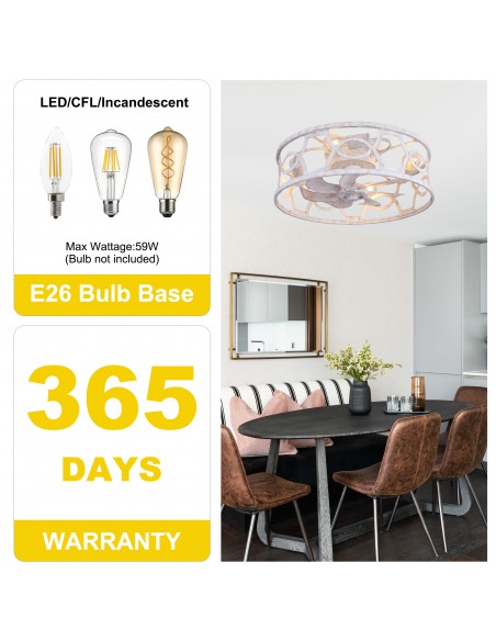Oaks Aura 20" Caged Flush Mount Ceiling Fan with Lights and Remote Control for Bedroom, Dining Room